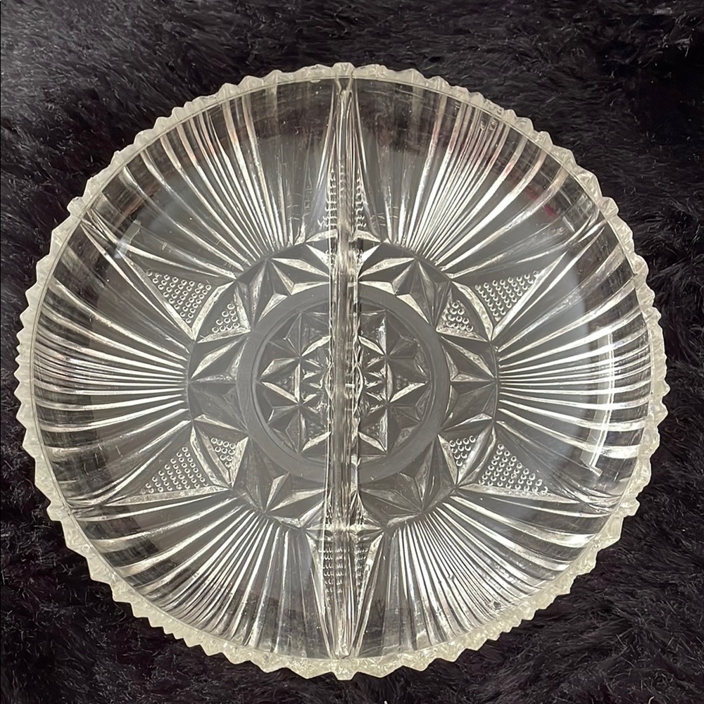 Vintage EAPG Art Deco Cut etched Glass Relish plate Dish 7" 1950s